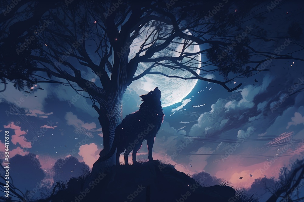 Fototapeta premium Landscape with wild wolf, night with full moon, tree. Generative AI