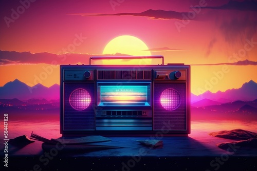 Old radio illustration, 80s and 90s, retro colors, landscape with sunset in the background, vaporwave. Generative AI