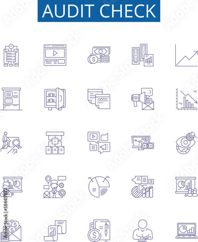 Audit check line icons signs set. Design collection of Inspection, Assessing, Verifying, Evaluation, Examining, Monitoring, Scrutiny, Checking outline concept vector illustrations