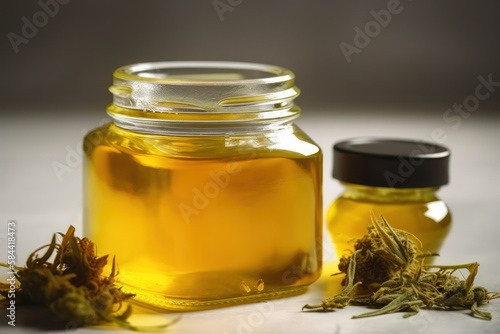 cannabis thc golden dab on glass container Generative AI photo