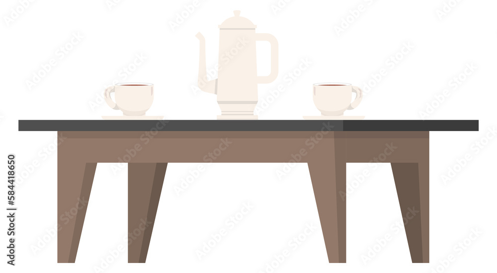 Obraz premium Wooden table with coffee cups and teapot. Lunch icon