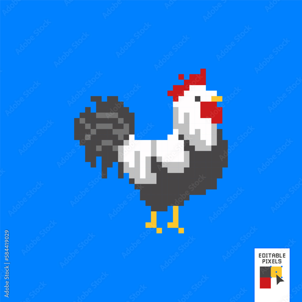 Obraz premium Rooster. Cartoon icon for children's mobile applications, book illustration. Isolated vector illustration. New Year with chinese symbol of rooster. Game assets. Pixel art 80s style.