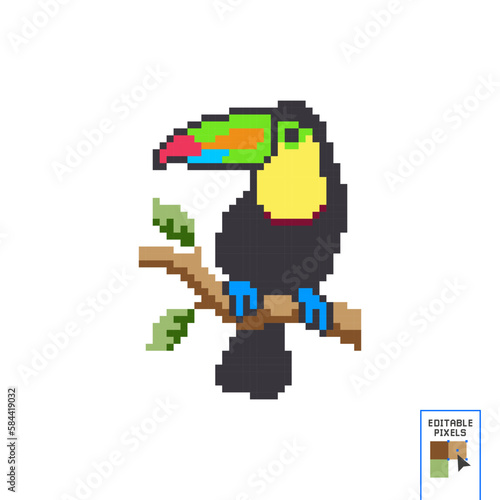 Tropical bird icon. Game character. Wild animal illustration for zoo ad, nature concept and children book. Pixel art 80s style. Isolated vector illustration. Design stickers, logo, app, embroidery.