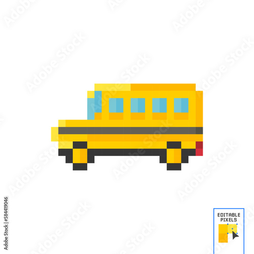 School bus pixels on a white background. Back to school. School bus pixel art. Vector illustration. 