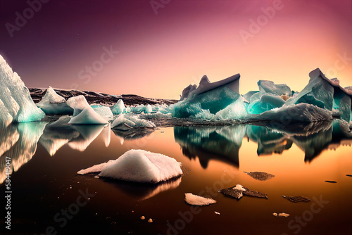 Antarctic ocean, iceberg landscape, turquoise and blue water, sunny day. Multi color illustration.