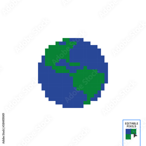 Planet Earth, 8 bit pixel art icon isolated on white background. Old school vintage retro 80s, 90s slot machine video game graphics.