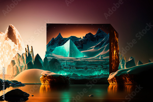 Antarctic ocean, iceberg landscape, turquoise and blue water, sunny day. Multi color illustration.