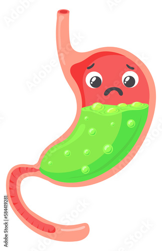 Heartburn icon. Sad cartoon stomach with green acid