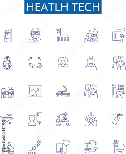 Heatlh tech line icons signs set. Design collection of healthtech, medicaltech, telemedicine, ehealth, digitalhealth, mHealth, healthcaretech, AIhealth outline concept vector illustrations