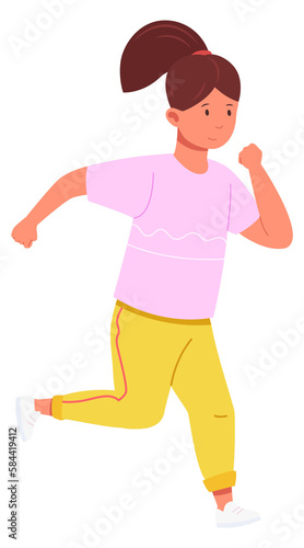 Running girl character. Active kid cardio exercise