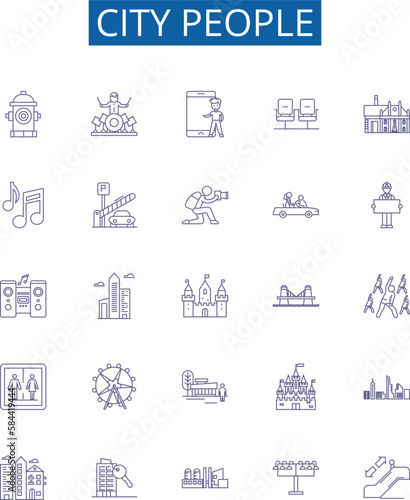 City people line icons signs set. Design collection of Urbanites, Townspeople, Metropolitans, Dwellers, Municipals, Inhabitants, Citizens, Residers outline concept vector illustrations photo