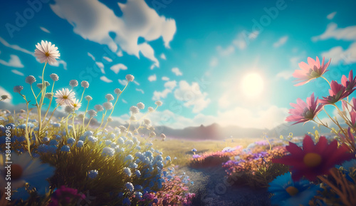 A blooming field of flowers, blue sky and sunshine,pencil environmental art, Spring and summer landscape.