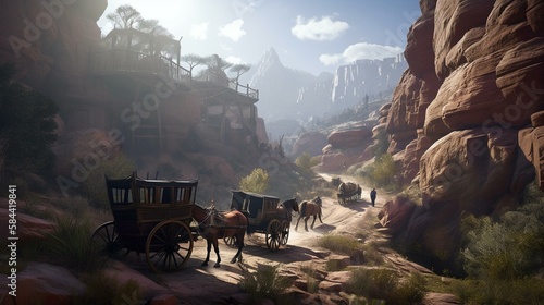 A stagecoach being robbed by bandits in the middle of a canyon Generative AI