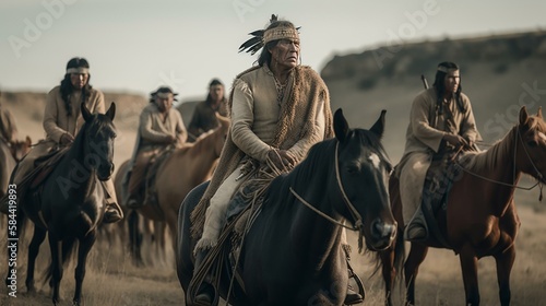 A Native American tribe on horseback, preparing for battle Generative AI