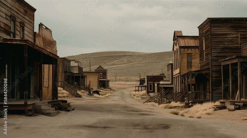 A ghost town, with abandoned buildings and empty streets Generative AI