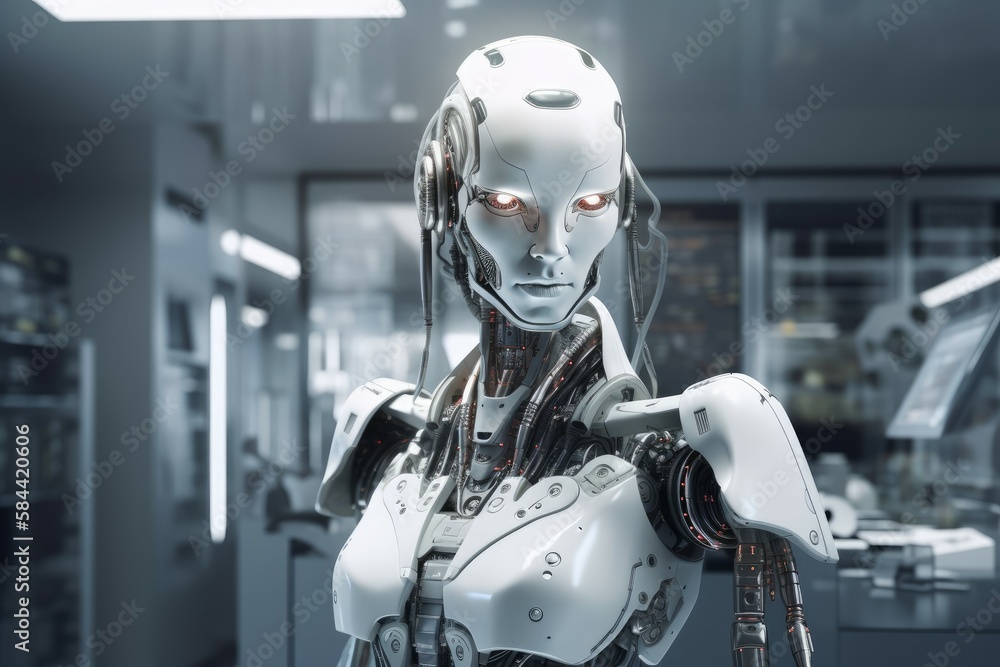Robot strict boss monitors the work of employees. Business concept. AI generated, human enhanced. Robot strict boss monitors the work of employees. Business concept. AI generated, human enhanced.