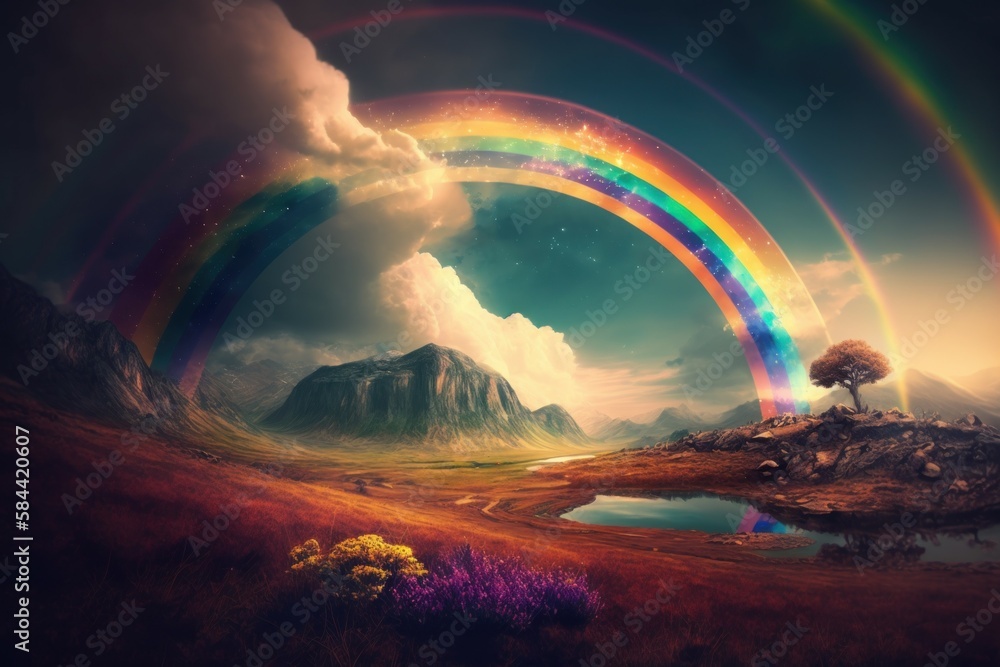 Rainbow arcing over a landscape, the vibrant colors of the spectrum captured. AI generated, human enhanced