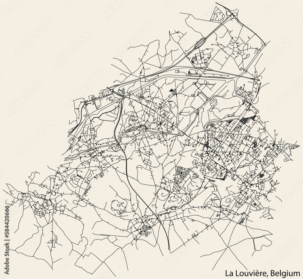 Detailed hand-drawn navigational urban street roads map of the Belgian city of LA LOUVIÈRE, BELGIUM with solid road lines and name tag on vintage background