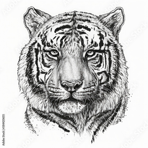 Monochrome image of a tiger head in black color on a white background. Generative AI illustration.
