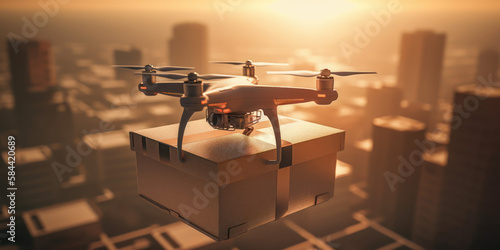 Future technology of autonomous logistics concept. Delivery drone flying background. AI generated, human enhanced