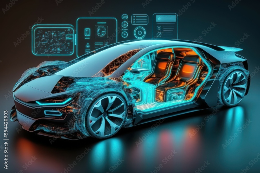 The concept of a modern electric car with autopilot. AI generated, human enhanced