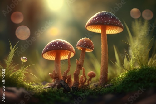 Wild mushrooms in the forest. Fairy tale atmosphere. AI generated © top images