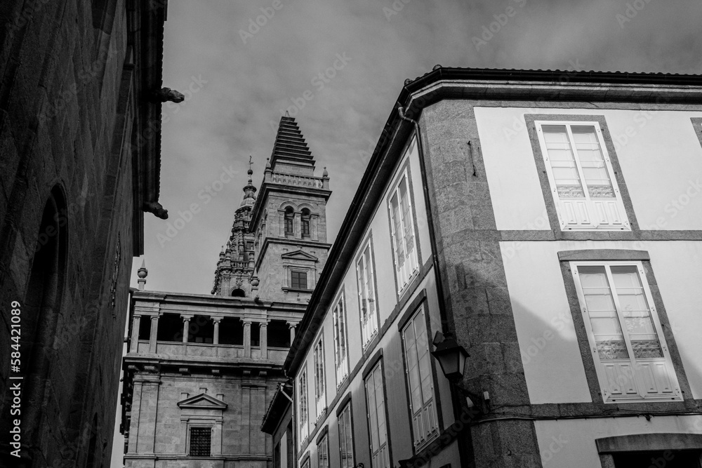 Zona vieja de Santiago de Compostela en blanco y negro