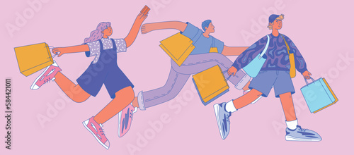 Crowd of people running for sale. Black Friday, Cyber ​​Monday. Happy people with shoppers and packages. Vector illustration.