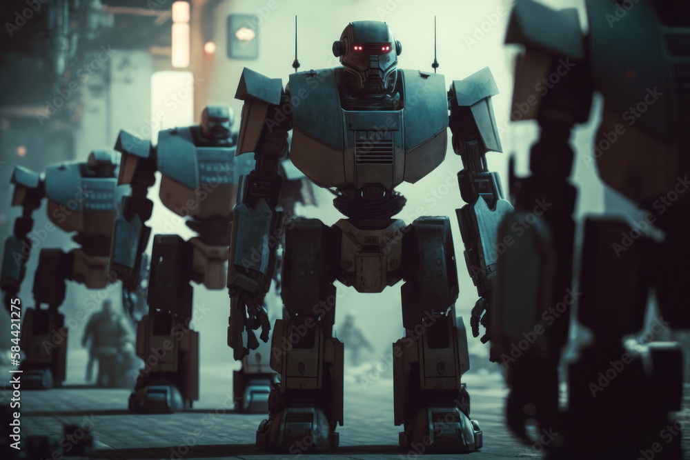 Army of metal cyborg robots, selective focus. AI generated, human enhanced. Army of metal cyborg robots, selective focus. AI generated, human enhanced.