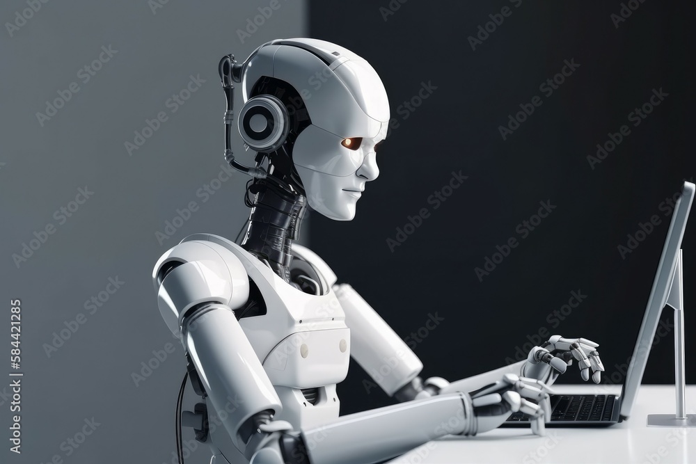 Robot at the computer. Business concept. AI generated, human enhanced. Robot at the computer. Business concept. AI generated, human enhanced.