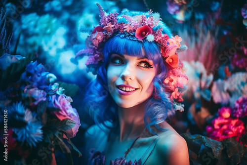 Portrait of fabulously beautiful woman flower fairy with wreath on head.  Generative AI