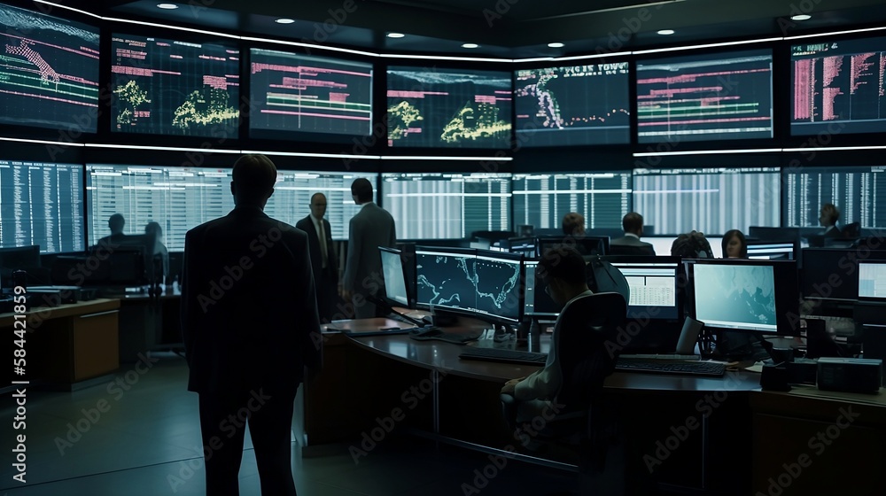 A bustling stock exchange with screens showing real-time data and charts, the environment is modern and sleek, with fast-paced traders in sharp suits AI Generative A bustling stock exchange with screens showing real-time data and charts, the environment is modern and sleek, with fast-paced traders in sharp suits AI Generative