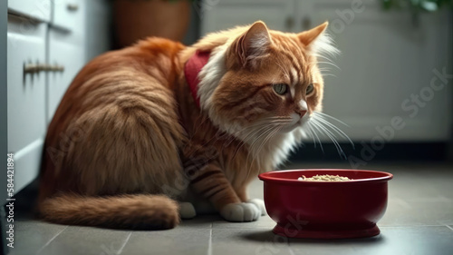 red cat with a bowl of food Generative AI