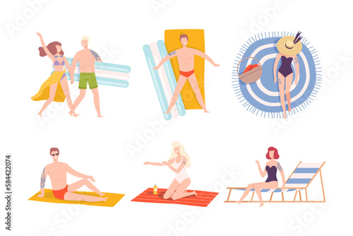 Young Man and Woman with Tattoo Wearing Swimming Suit Lying on Blanket on Beach Vector Set