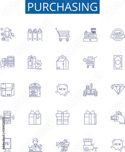 Purchasing line icons signs set. Design collection of Buy, Acquire, Obtain, Shop, Shop for, Invest in, Bargain, Finance outline concept vector illustrations