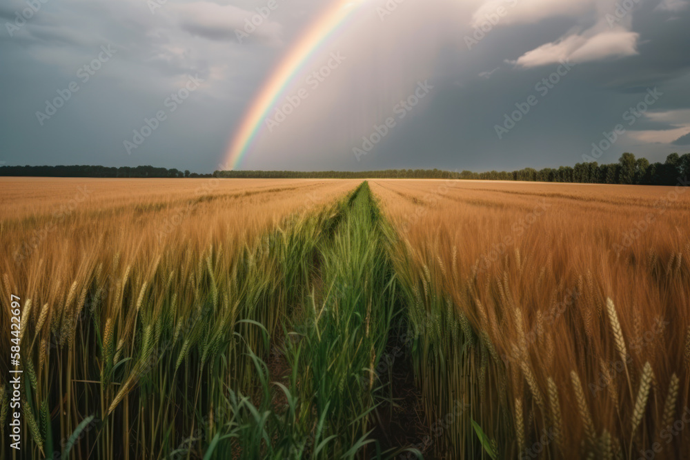 wheat field with rainbow and cloudy sky Generative AI wheat field with rainbow and cloudy sky Generative AI