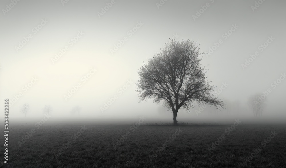Fototapeta premium a lone tree in a foggy field with trees in the distance. generative ai