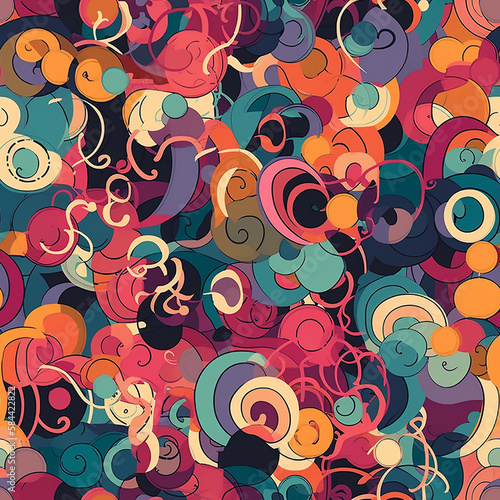Seamless swirling pattern with intricate curves and circles, suitable for dynamic designs or creative projects.