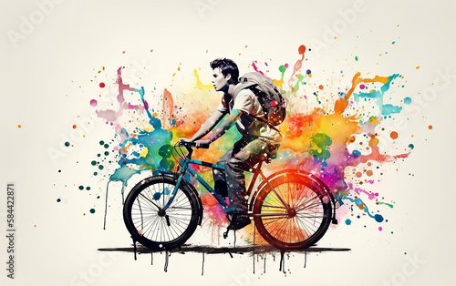 Artistic illustration of a man cycling, surrounded by vibrant and colorful paint splashes that seem to come alive, capturing motion and energy.