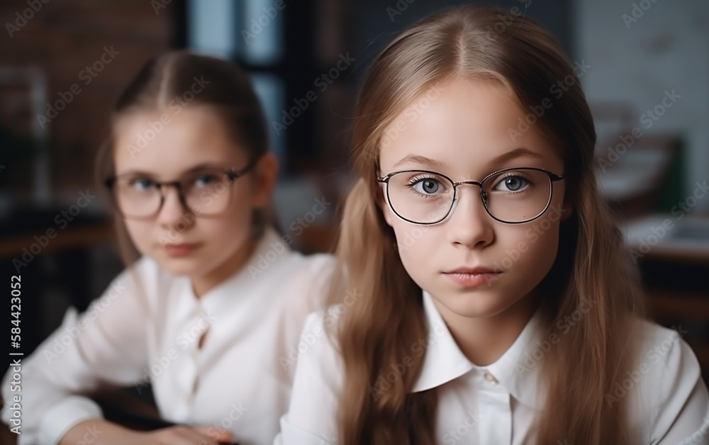 Close-up of two young students in white shirts, one with glasses, in a modern classroom setting, looking serious and attentive. Close-up of two young students in white shirts, one with glasses, in a modern classroom setting, looking serious and attentive.