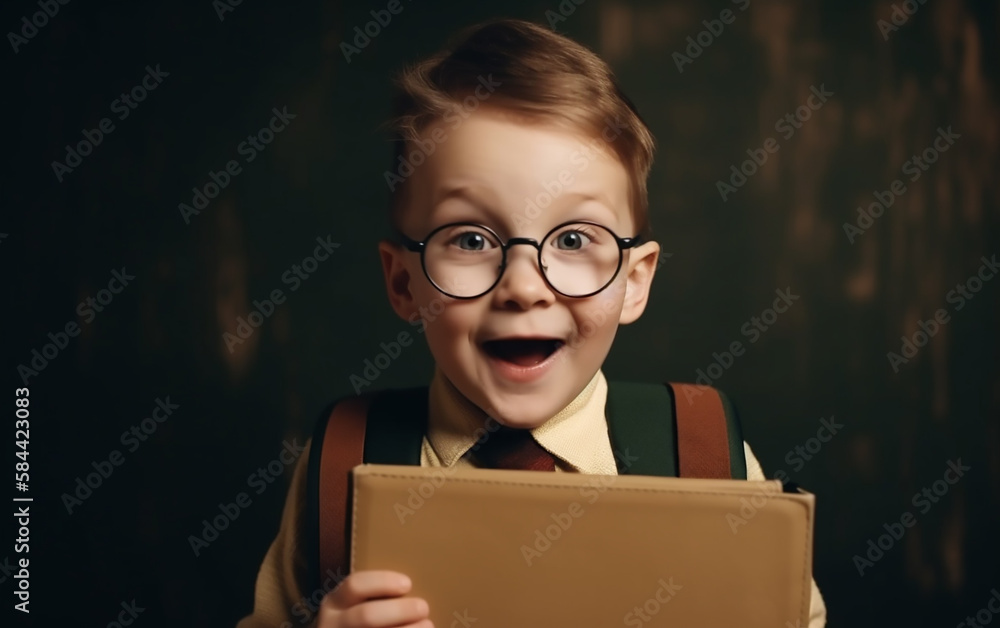 A smiling young boy, donning glasses, stands near the blackboard, all set with his backpack for school A smiling young boy, donning glasses, stands near the blackboard, all set with his backpack for school