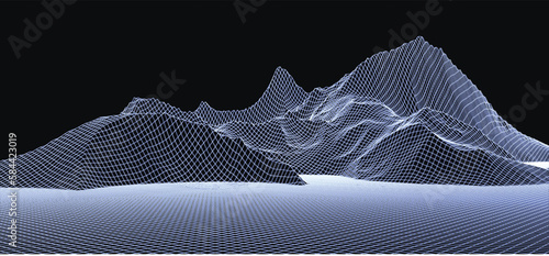 Abstract digital landscape. Wireframe landscape background. Big Data. 3d futuristic vector illustration. 80s Retro Sci-Fi Background