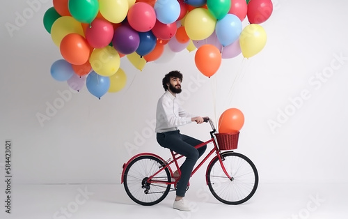 Cheerful bearded man riding a bicycle indoors, buoyantly surrounded by a plethora of vibrant multicolored balloons. photo