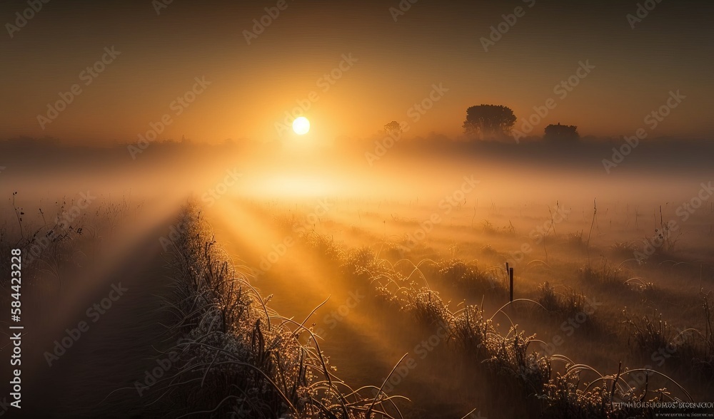  a foggy field with the sun shining through the fog.  generative ai