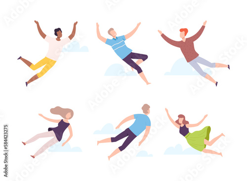 Flying Man and Woman Floating in the Air and Cloud Fantasizing Vector Set