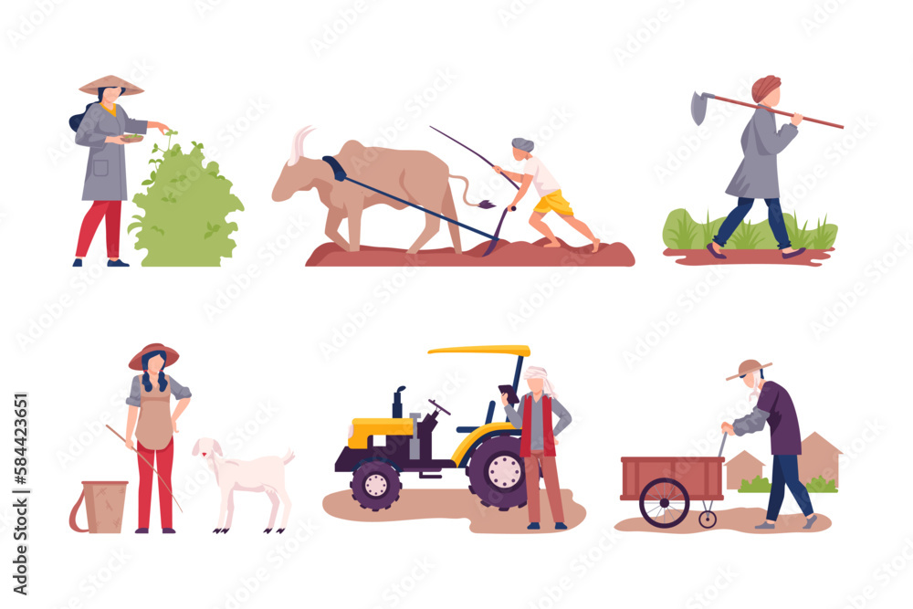 Asian Male and Female Farmer Cultivating Agricultural Crop Vector Illustration Set