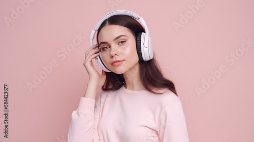 Beautiful young brunette woman in big headphones headset listening to music and smiling. Banner with copy space generative ai