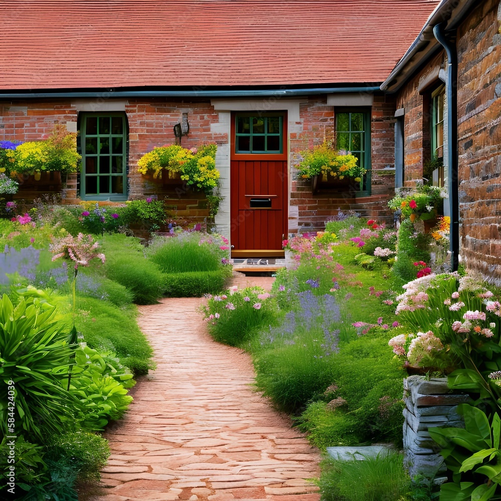 a picturesque country cottage with a brick pathway leading up to it1, Generative AI