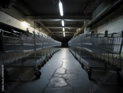 Row of carts standing inside the store before opening. generative AI