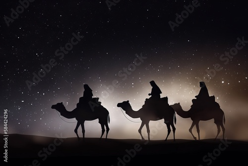  three wise men riding on camels in the desert at night. generative ai